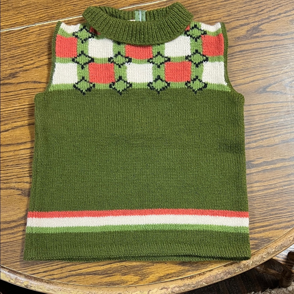 Vintage Handmade Green Sleeveless Knit Sweater with Red and White Pattern